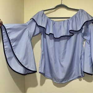 Women’s Coastal Cowgirl Bell Sleeve Off Shoulder Blue and White  Blouse Size L